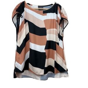 Lysse Geometric Colorblock Top Tie Cap Sleeves Women's Sz Small Tan Black‎ Brown